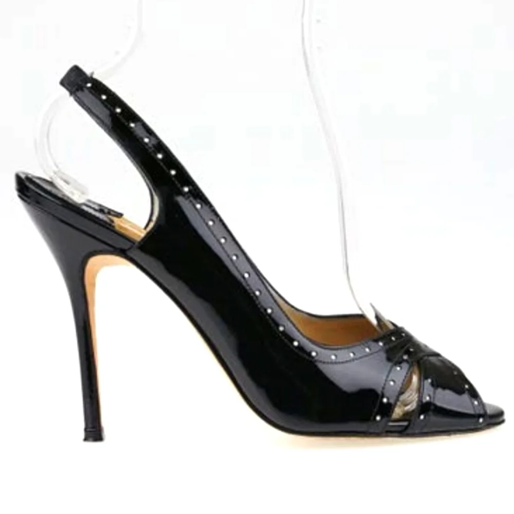MANOLO BLAHNIK Slingback Sandals Black Perforated Patent Size 39 Peep Toe Pump - Picture 2 of 13